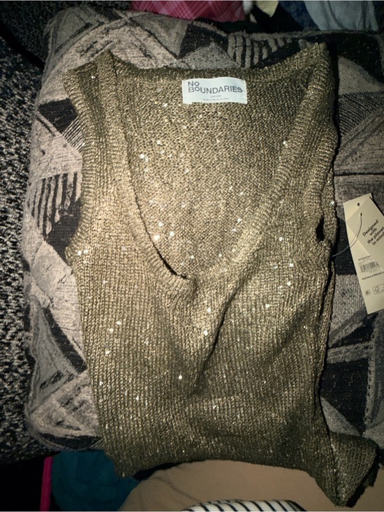 No Boundaries Sweaters - No Boundaries Women's Metallic Green V-Neck Sweater
